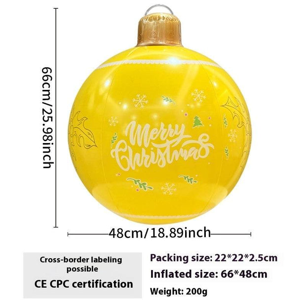 Inflatable yellow Christmas ball decoration with "Merry Christmas" text and snowflake designs, 66x48cm outdoor garden ornament