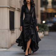 Elegant black V-neck waist trimming dress with asymmetric ruffled long skirt