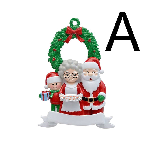 Christmas wooden pendant decoration featuring Santa, Mrs. Claus, and an elf with a wreath background