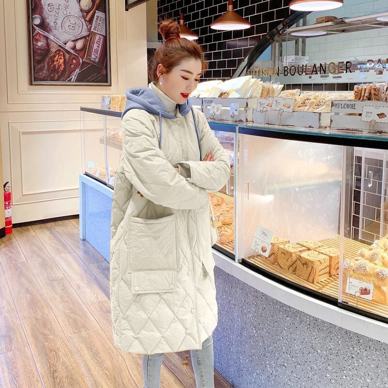 All-matching Cotton-padded Women's Over-the-knee Rhombus Plaid Loose Plus Size Hooded Jacket