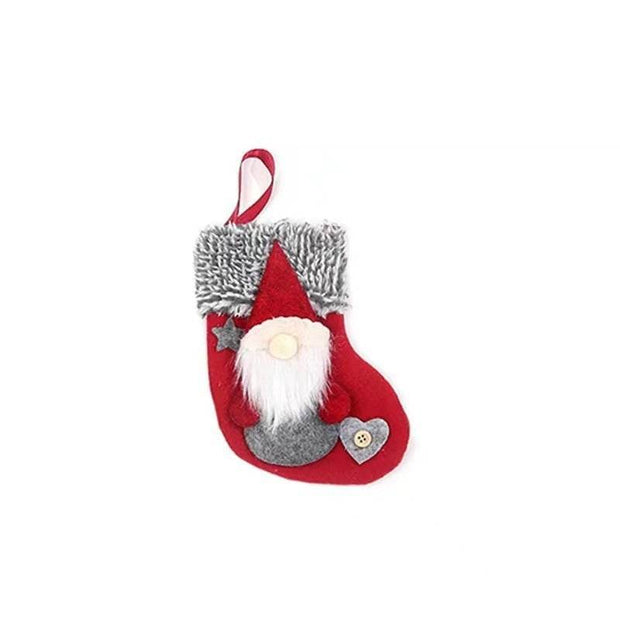 Red Christmas stocking with gnome decoration and gray faux fur cuff, home Christmas stockings pendant