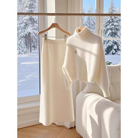 High-grade White Temperament Thick Sweater Skirt Suit