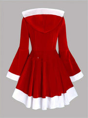 Red velvet Christmas party dress with hood and white trim, mid waist, long sleeves, and A-line mid skirt design