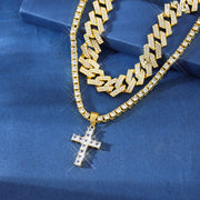 Zircon Cross Pendant Necklace Hip Hop Full Miami Curb Cuban Chain