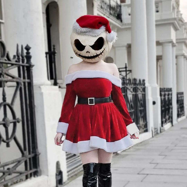 Women's red off-shoulder Christmas costume dress with white plush trim and black belt, styled for holiday parties
