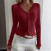 V-neck Lace Stitching Anti-stripe Cardigan Women's Top
