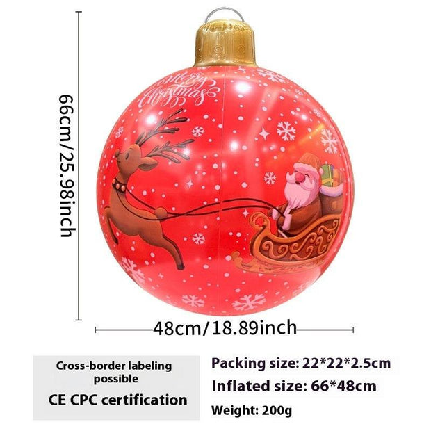 Inflatable red Christmas ball with Santa sleigh and reindeer design, outdoor garden decoration, 66x48cm, PVC material, flashing light feature