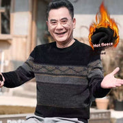 Middle-aged man wearing winter fleece-lined warm sweater with long sleeves and patterned design outdoors