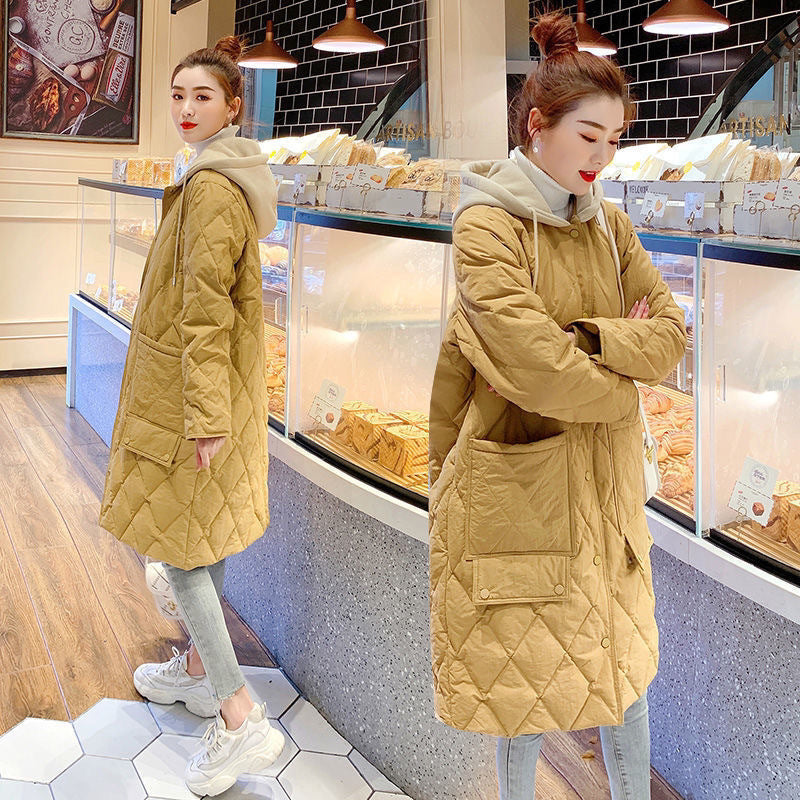 All-matching Cotton-padded Women's Over-the-knee Rhombus Plaid Loose Plus Size Hooded Jacket
