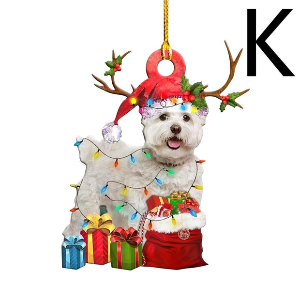 Christmas wooden pendant decoration featuring a dog with Santa hat, antlers, and colorful lights