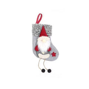 Gray plush Christmas stocking decoration with Santa figure and red star ornament