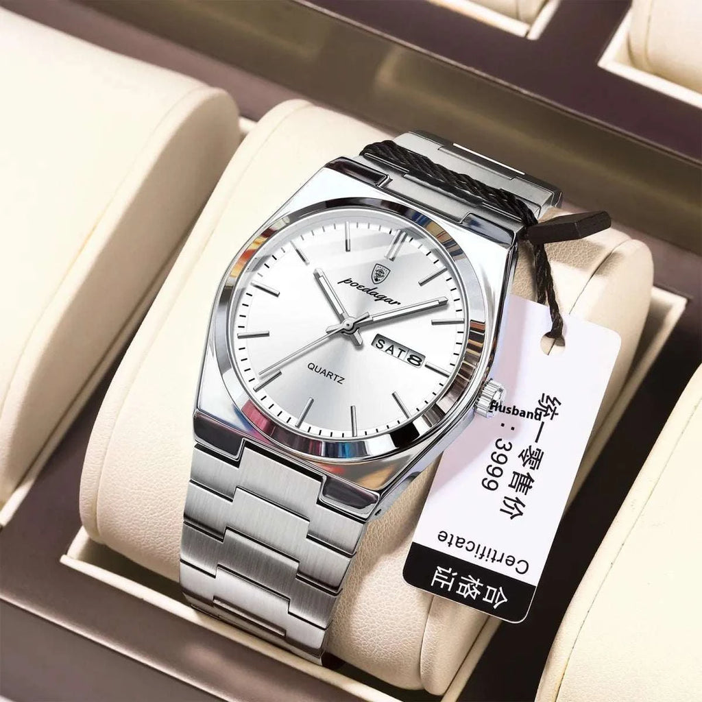 Ultra-thin Men's Watch Waterproof Luminous Quartz Watch displayed in a luxurious setting with a silver dial and stainless steel bracelet.