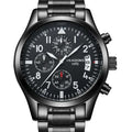 Black multifunctional quartz watch with luminous dial and solid steel strap