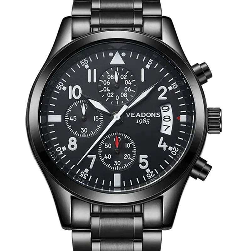 Black multifunctional quartz watch with luminous dial and solid steel strap