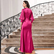 Plus size rose red slim fit lantern sleeve evening dress with high waist and woven polyester fabric