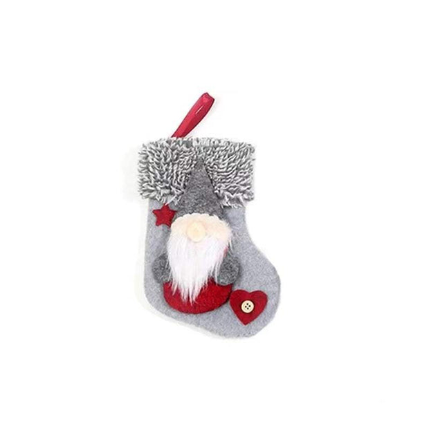 Gray plush home Christmas stocking decoration with Santa gnome and red heart pendant
