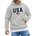 Men's gray graphic hoodie with USA text and flag design, casual style for holidays and gift giving