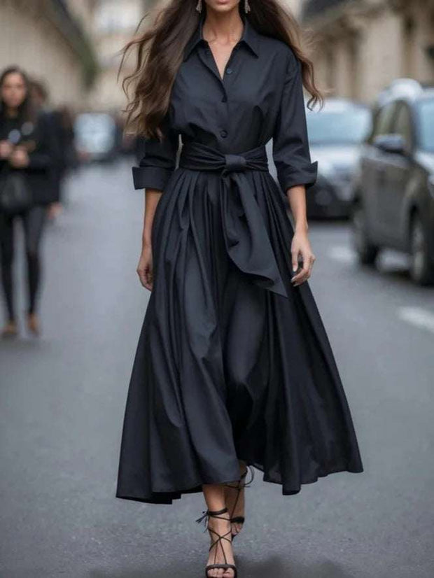 Solid Color Maxi Dress Lace-up Windbreaker Skirt