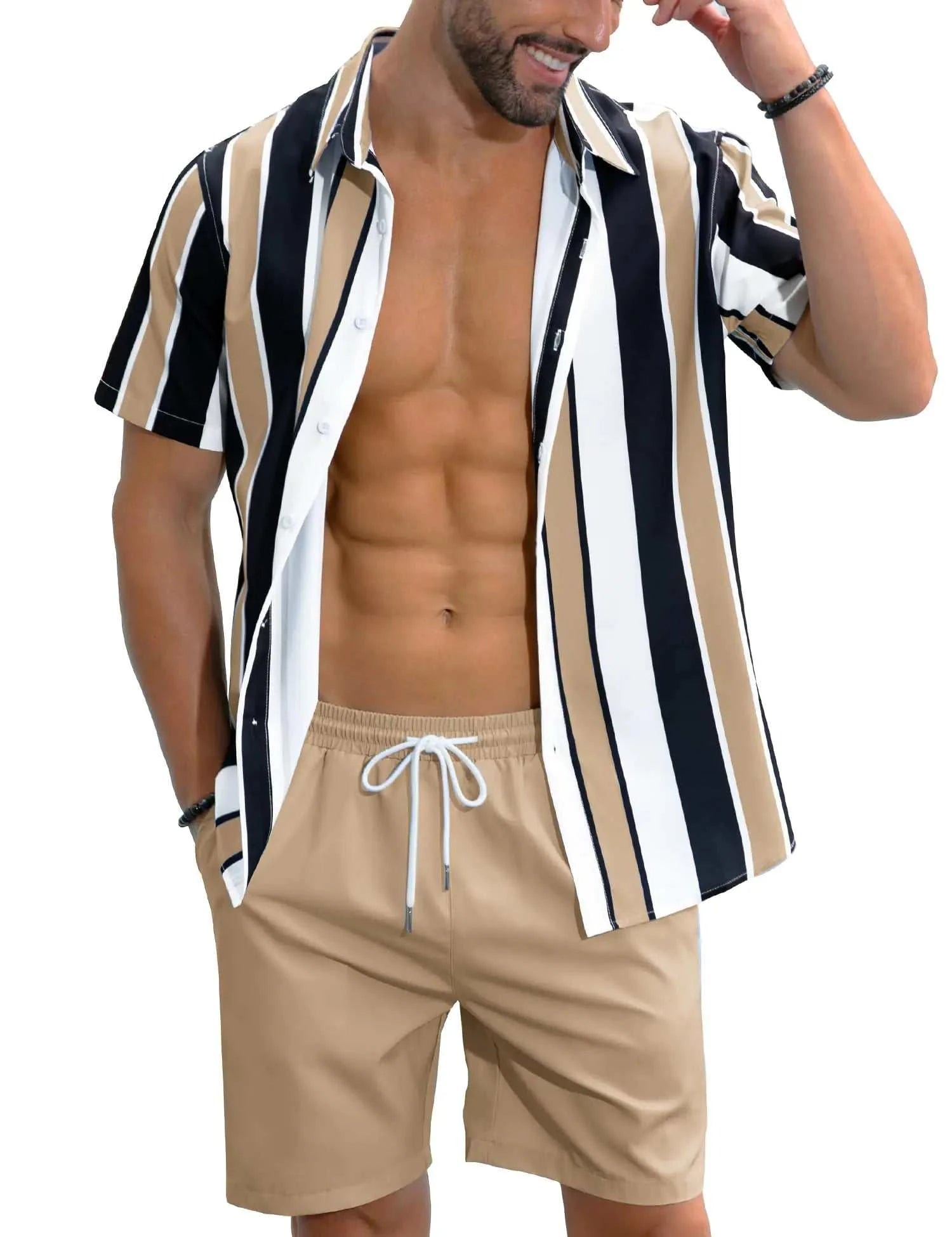 LecGee 2 Piece Shirt Set for men with striped short sleeve button-down shirt and beige elastic waist shorts, perfect vacation outfit