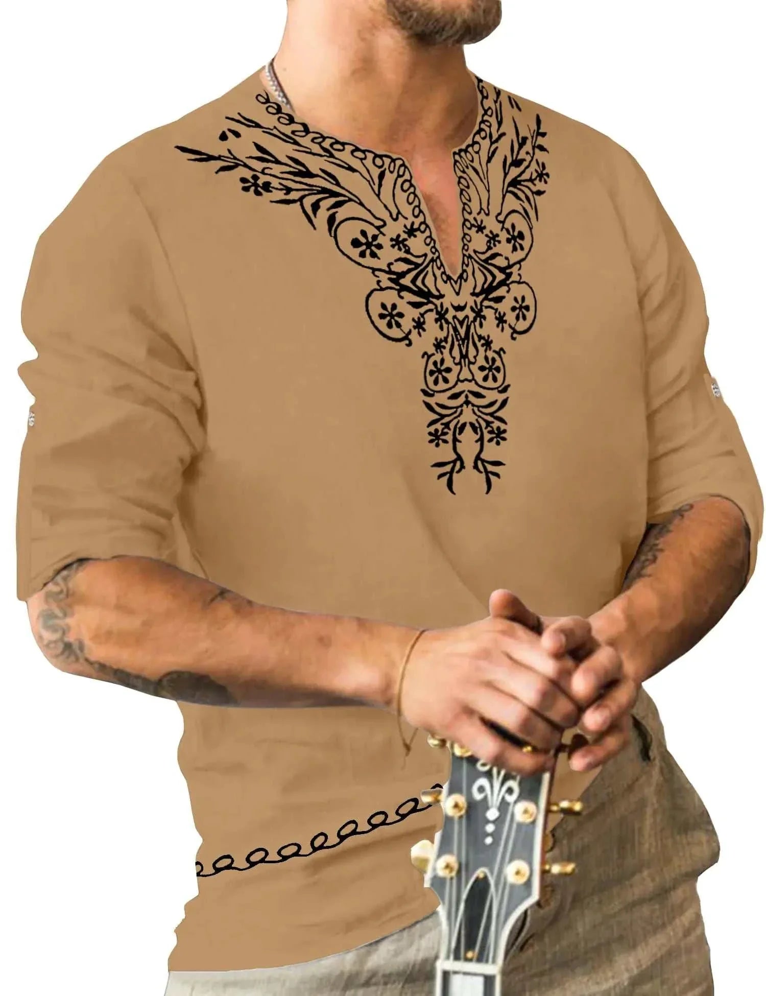 Men's Abaya Henley shirt with long sleeves and black embroidery detail