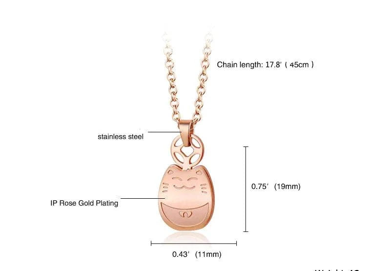 Totoro Necklace-Wealth Necklace-Rose Gold Titanium Steel featuring detailed measurements and design elements.