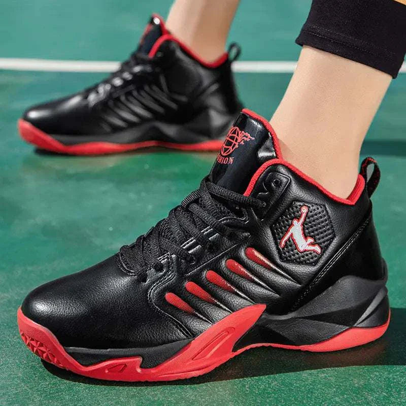 Black and red high-top Kobe basketball shoes for men on court
