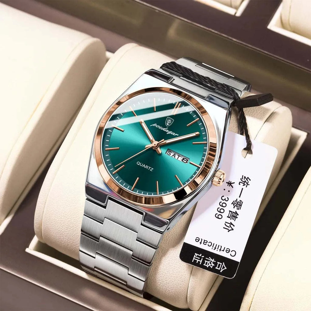 Ultra-thin Men's Watch Waterproof Luminous Quartz Watch with a stylish green dial and silver bracelet.