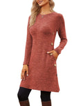 Women’s warm winter sweater dress with side pockets and wooden buttons in rust color