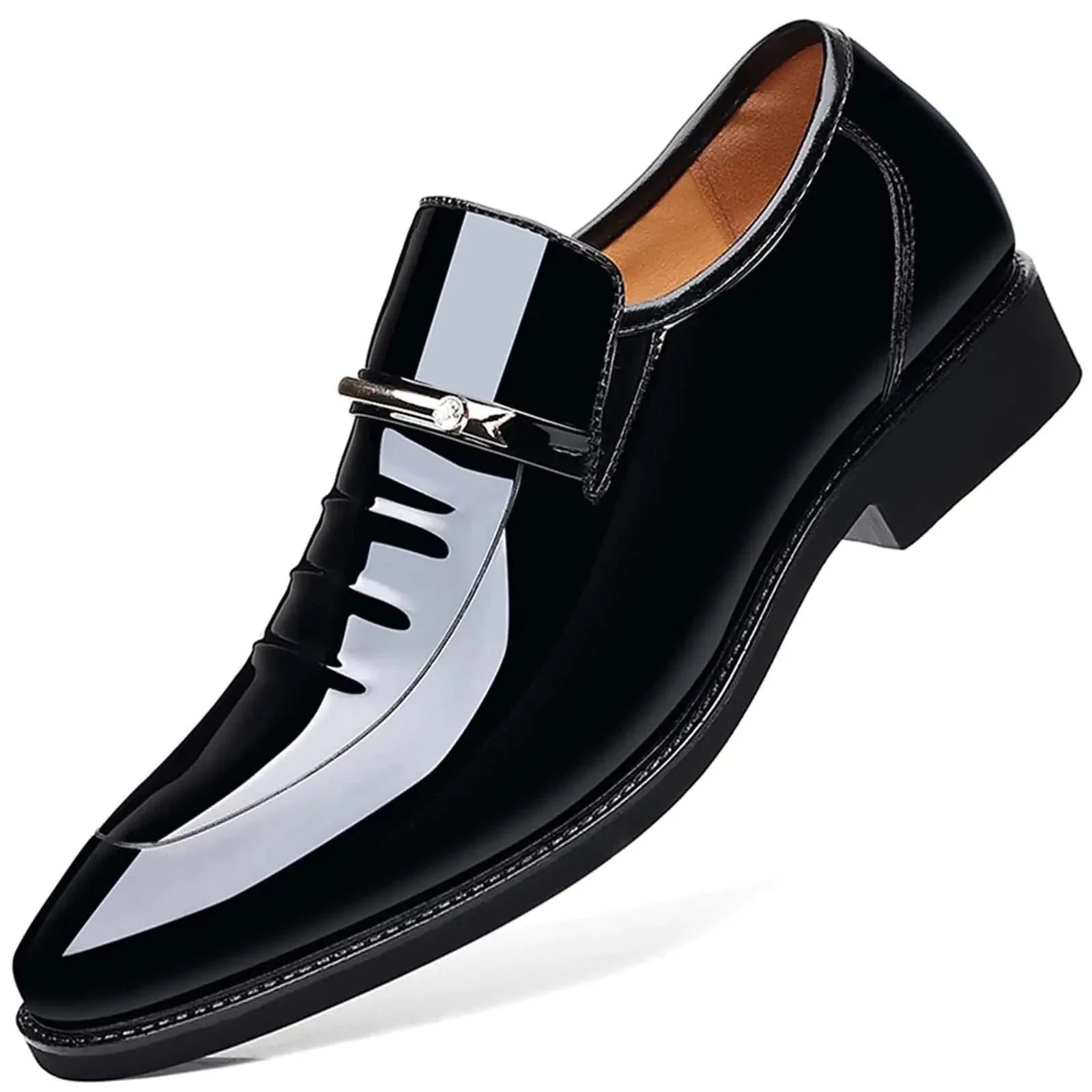 Mens business casual loafers in patent leather with slip-on design and leather outsole for durability and comfort