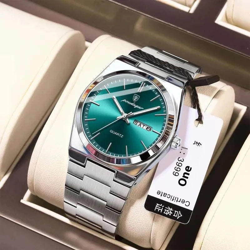 Ultra-thin Men's Watch Waterproof Luminous Quartz Watch displayed with a green dial and silver bracelet in a luxury presentation box.