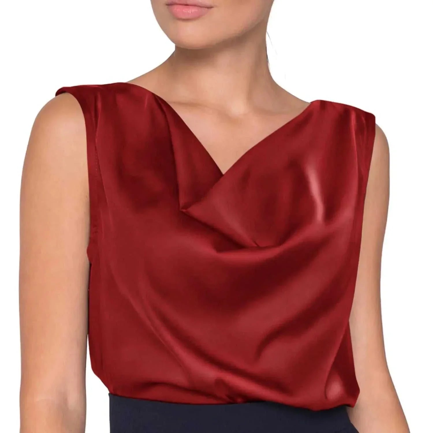 Red silk satin sleeveless blouse with cowl neckline for trendy summer clothes