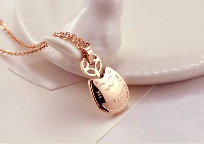 Rose gold Totoro necklace in titanium steel with a delicate lucky charm design