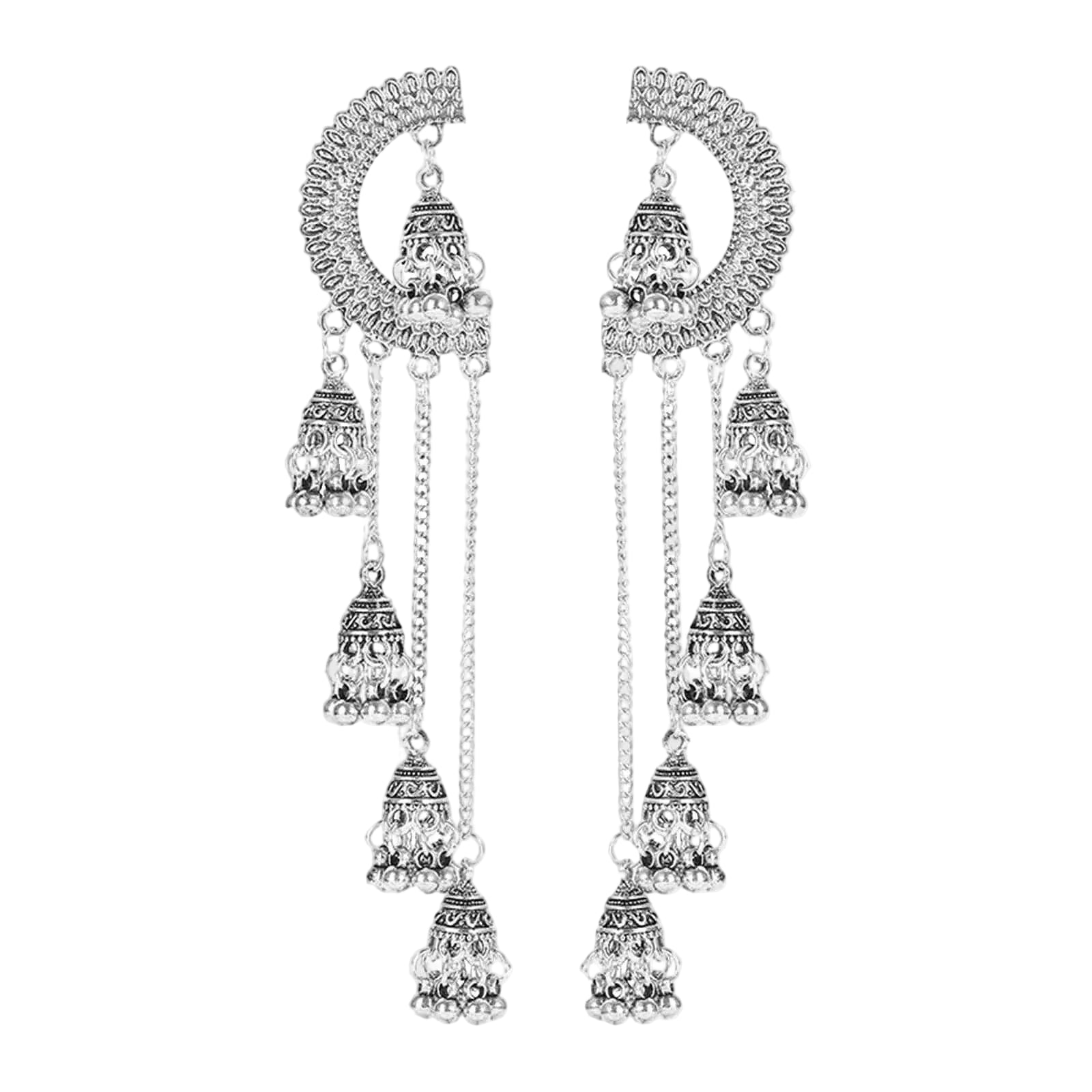 Silver Indian Jhumka earrings with intricate bell pendants and dangling chains, vintage boho wedding style